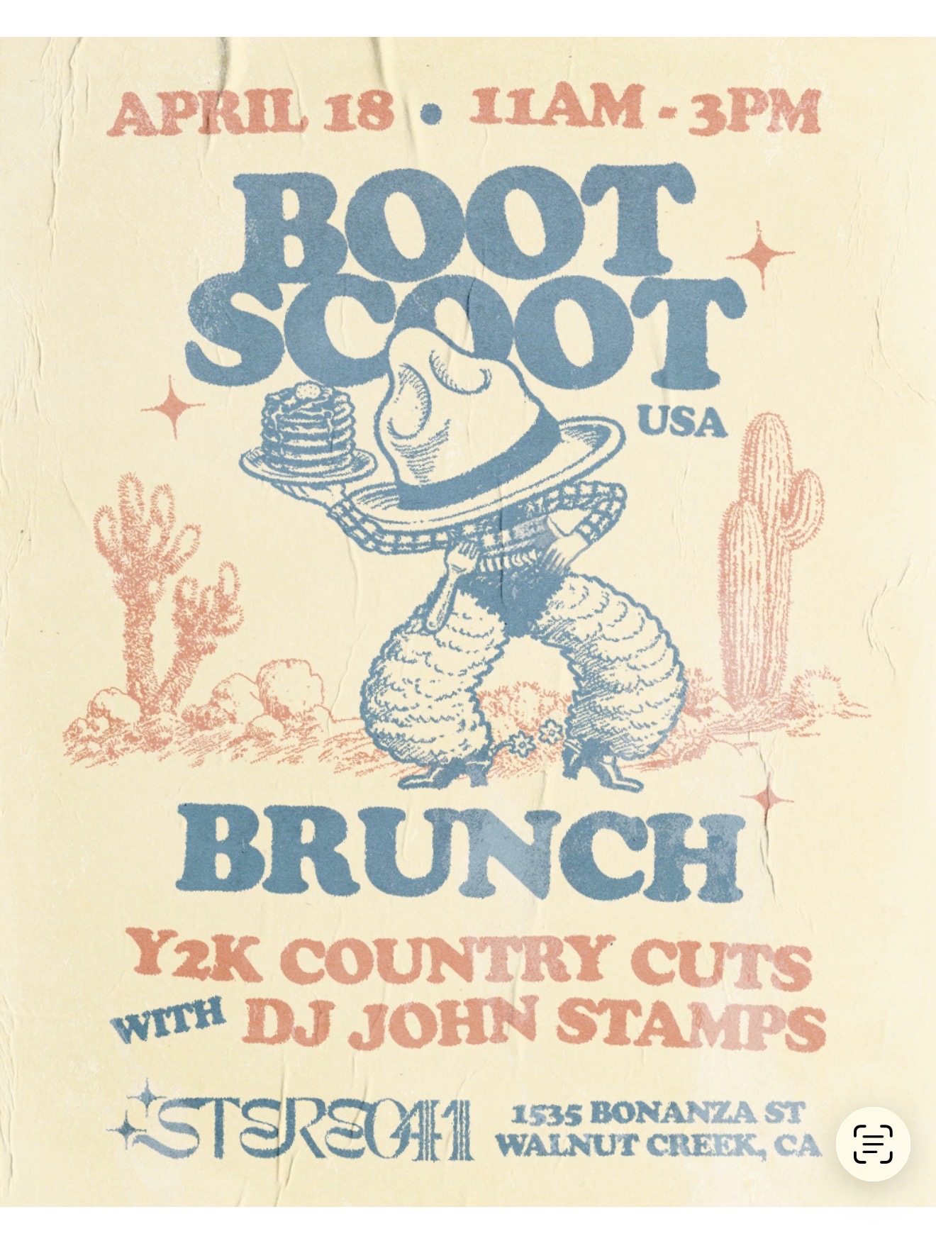 Event flyer for Boot Scoot Brunch with DJ John Stamps