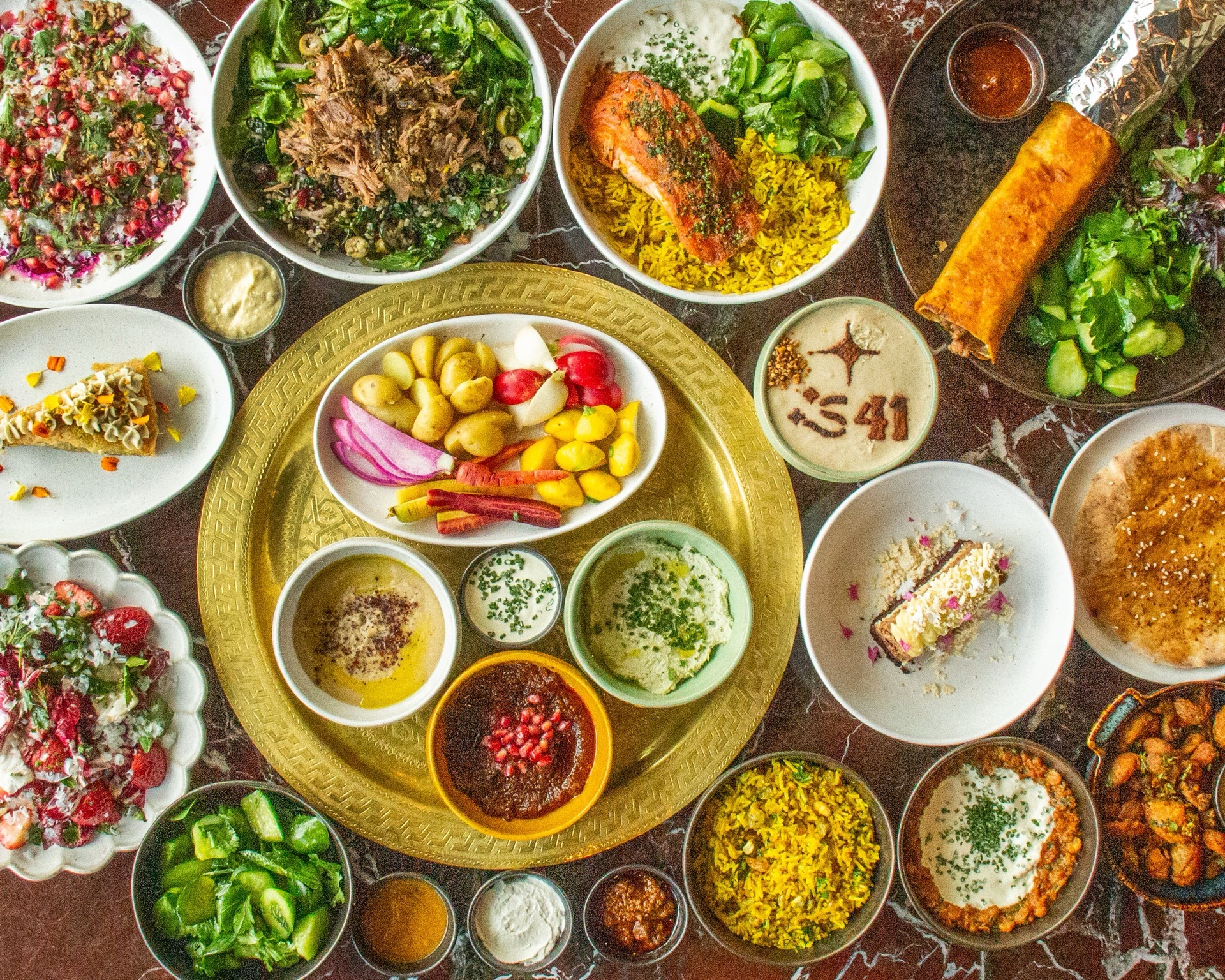 Full spread of Middle Eastern dishes - Stereo 41 Walnut Creek