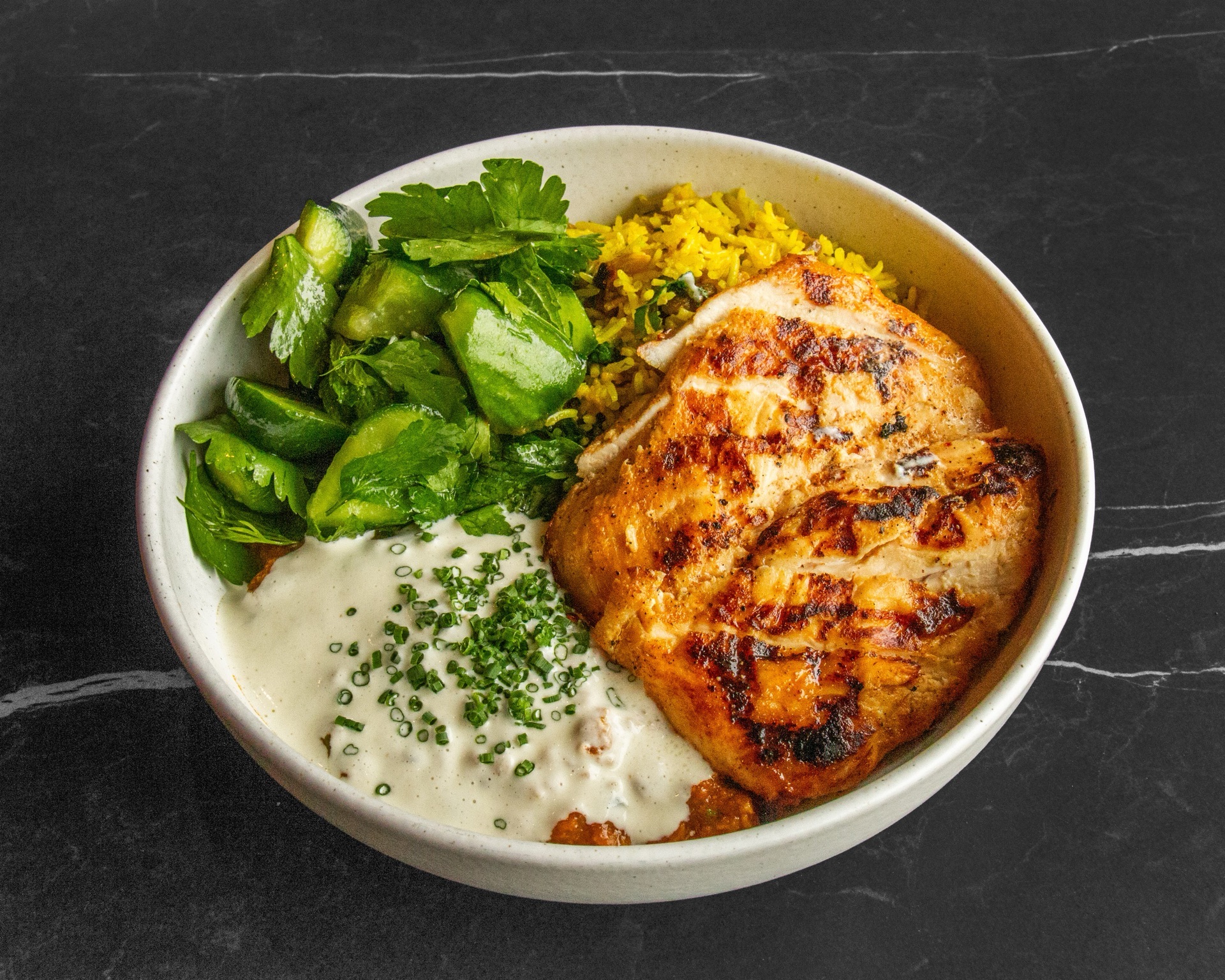Grilled chicken bowl with turmeric rice - Walnut Creek restaurant