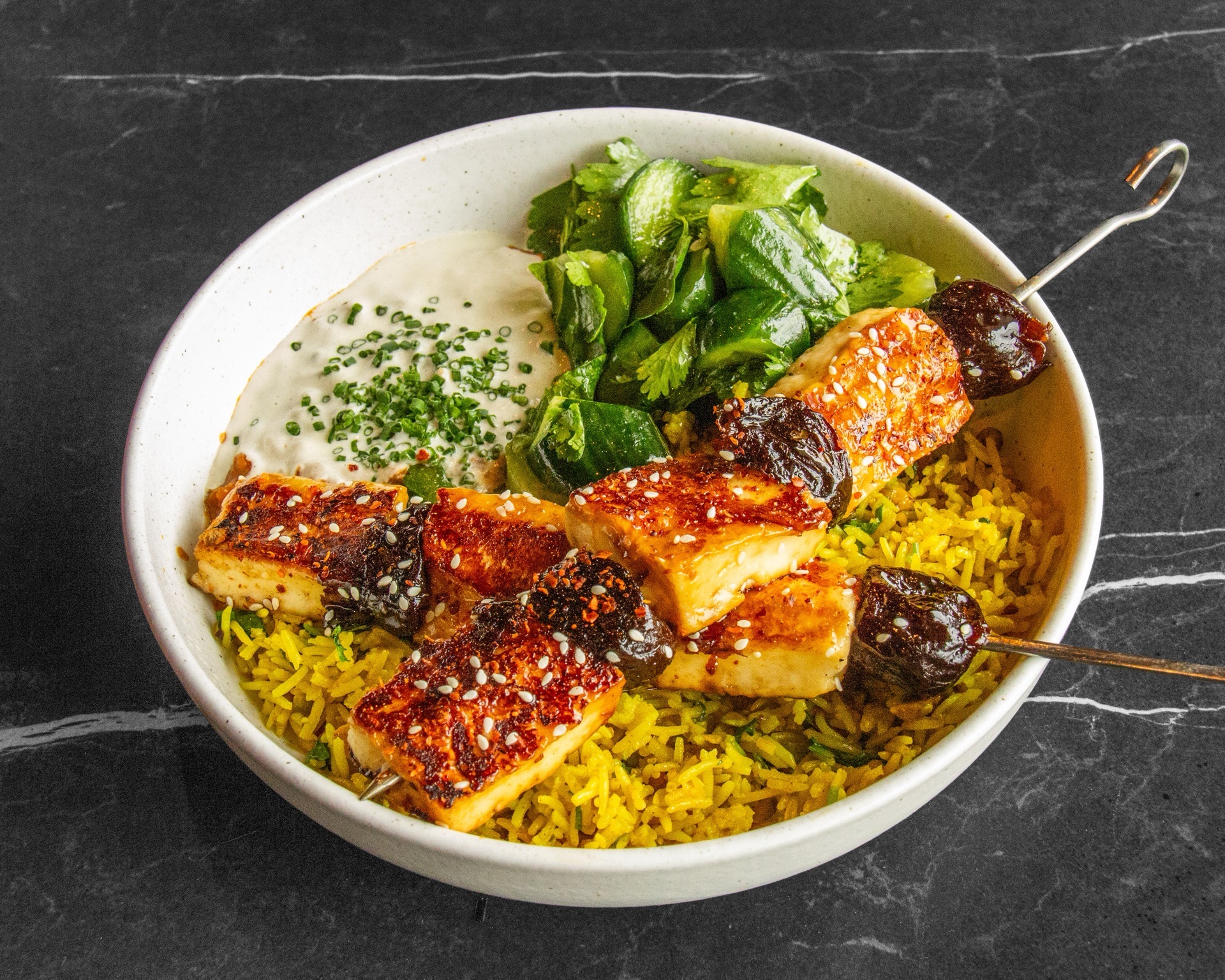 Halloumi skewers with dates and turmeric rice - dinner Walnut Creek