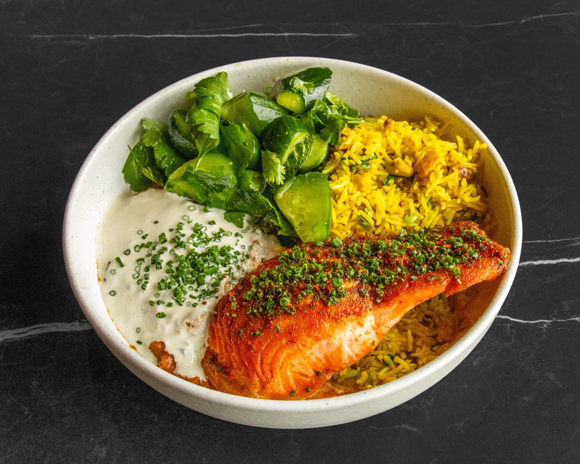 Nordic Trout bowl with turmeric rice - best lunch Walnut Creek
