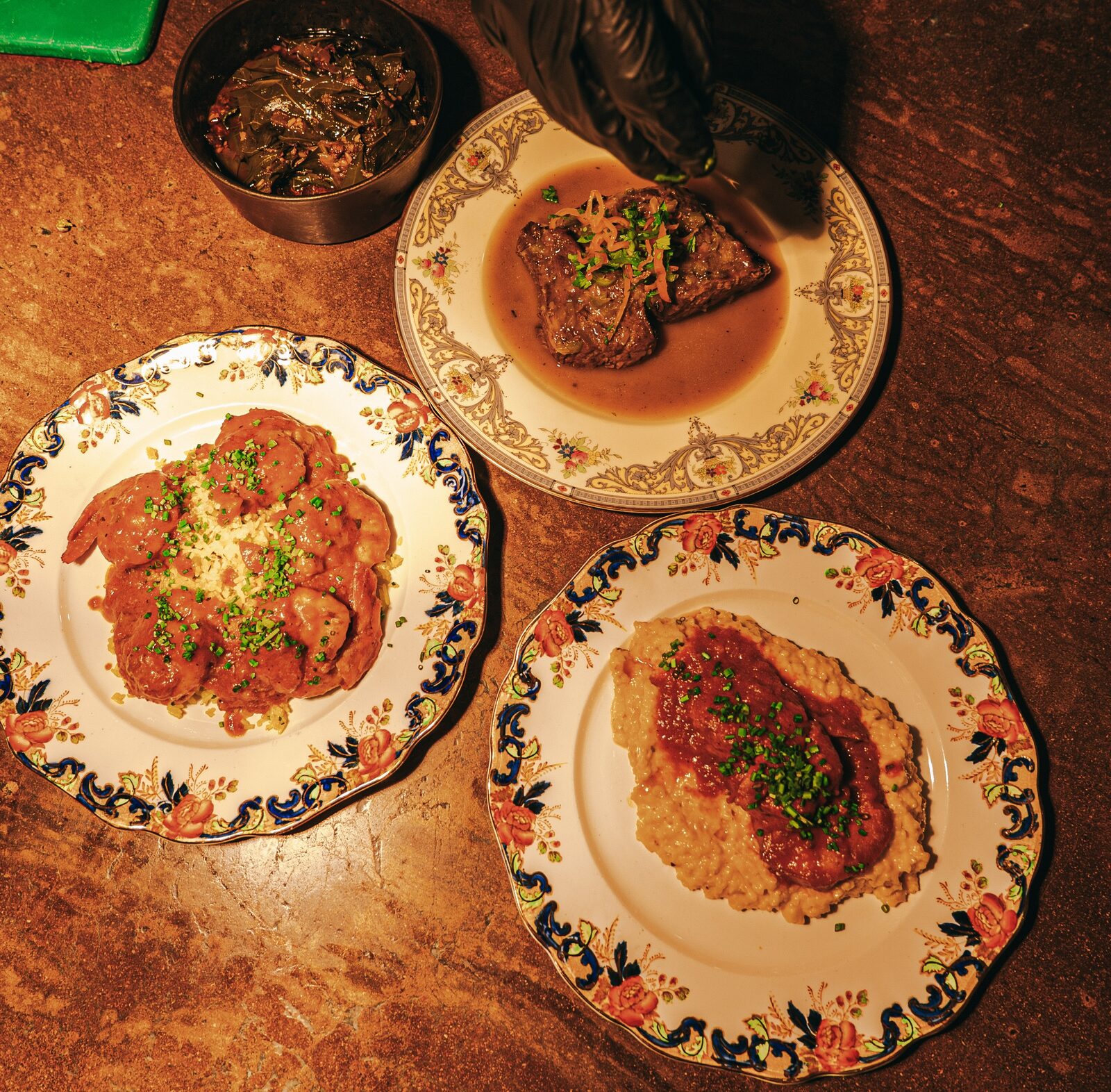 Shrimp creole, short rib, and shrimp and grits spread - Southern dining Walnut Creek
