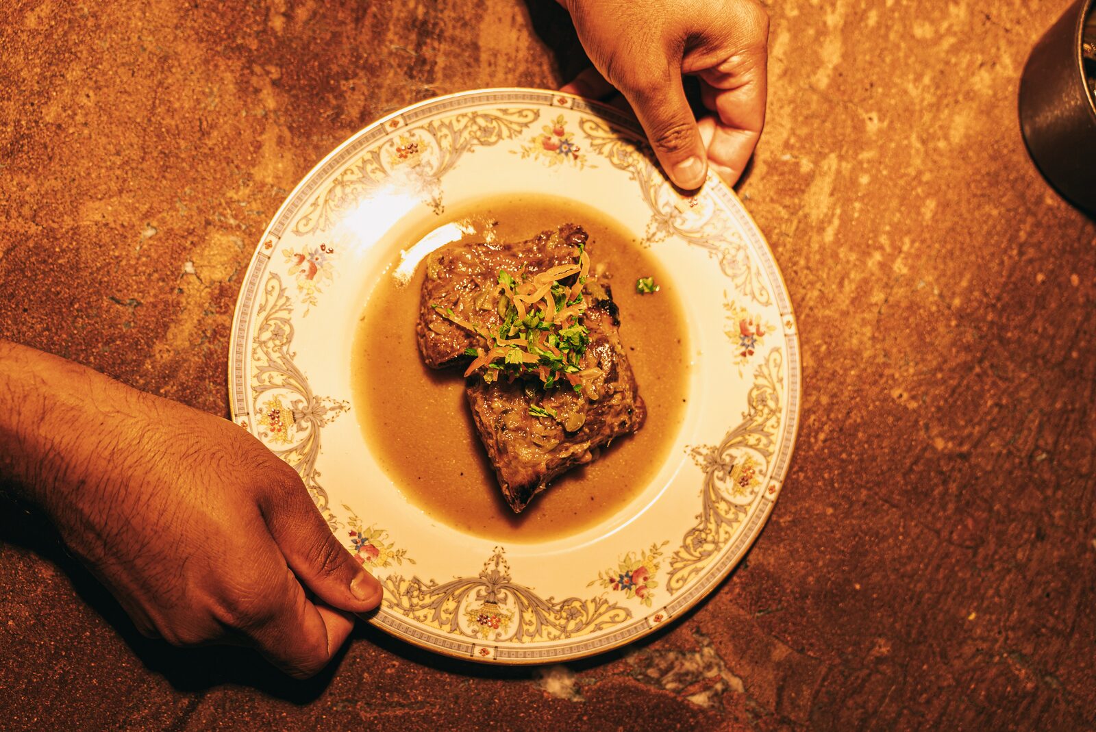 Short Rib Pepper Pot served on vintage china - Southern restaurant Walnut Creek